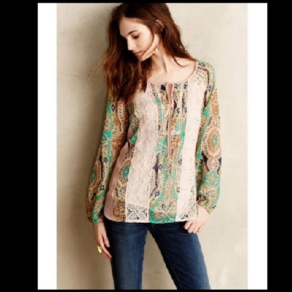 Anthropologie Meadow Rue Giada Paisley Top Green Pink Size SMALL